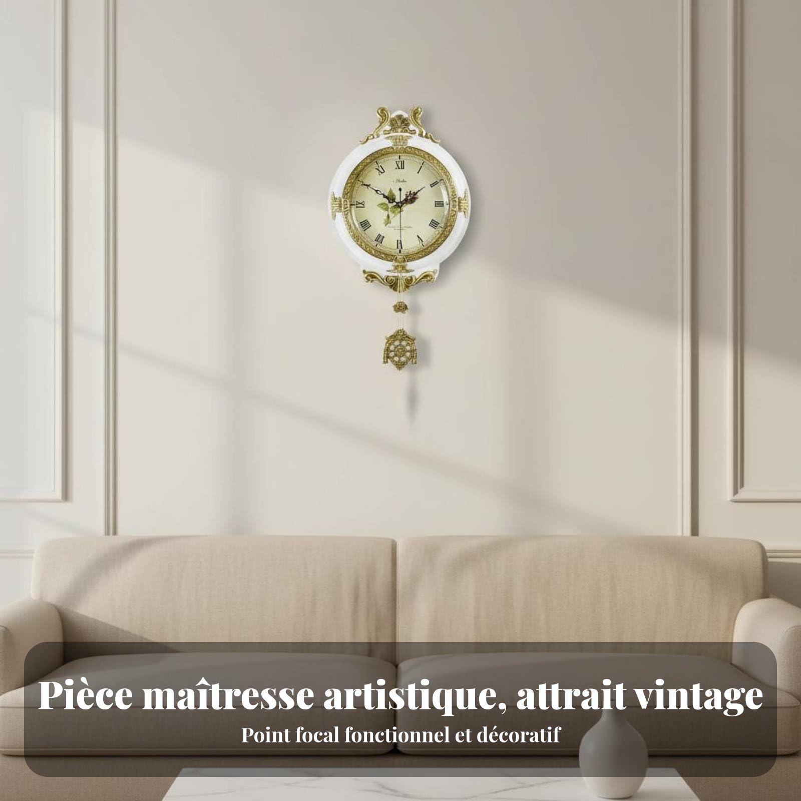 Orologio da Parete Vintage Orologio Sveglia Pendola Quadrante in Vetro Chiaro con Pannello Effetto Legno Telaio Metallico Durevole Funzione Silenziosa, 8608