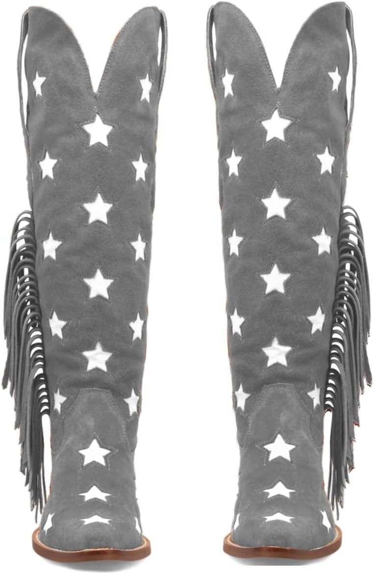 Women Vintage Western Knee High Boots Slouchy Chunky Stacked Heel Suede Cowboy Mid Calf Boots Tassel Round Toe Two-Tone Wide Calf Dress Boots Stars Stretchy Tall Cowgirl Boot V Cut 4-11 M US