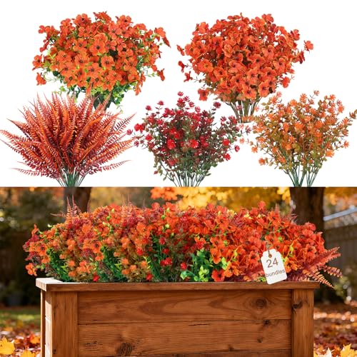 CEWOR 24 Bundles Orange Artificial Mums Flowers Fake Fall Plants