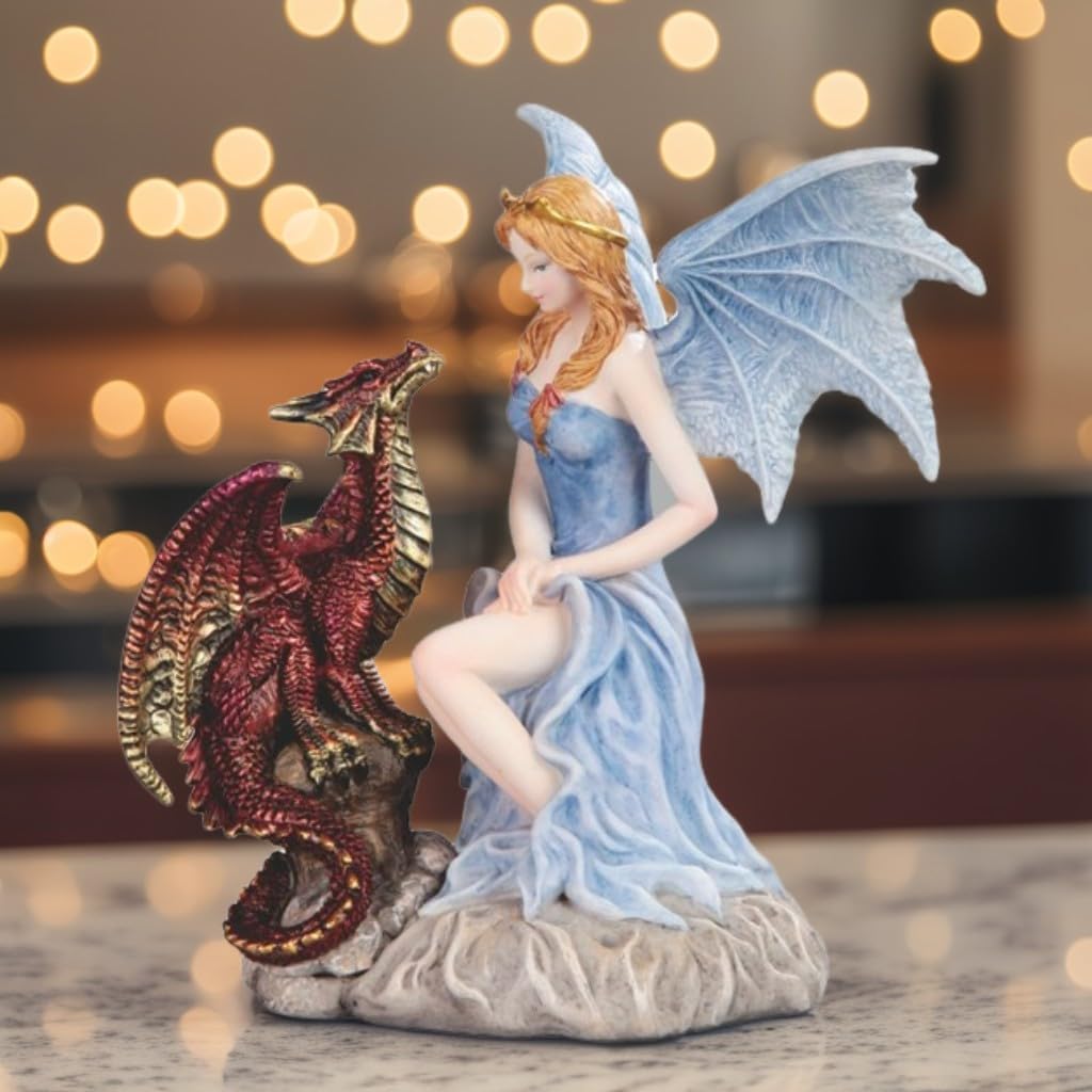 ICE ARMOR Hand Painted 7" H Fairy with Dragon Figurine Statue Sculpture Ornament Decoration Home/Room Decor Ideas for Housewarming, Holidays and Birthdays Great Collectible