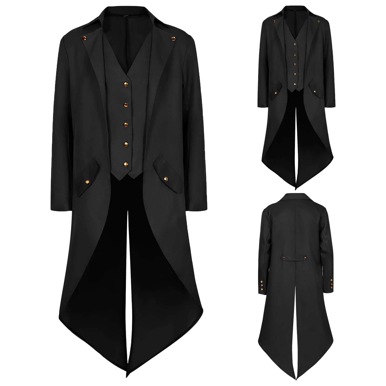 NFAOEGJ Men Medieval Tailcoat Steampunk Victorian Costume Mens Medieval Gothic Vintage Jacket Halloween Costume (Black, L)