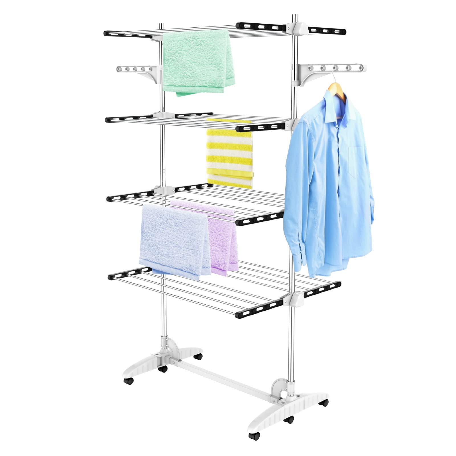 Todeco Séchoir à Linge Pliant à 4 Niveaux, Etendoir à Linge intérieur, Noir | Tubes en acier inoxydable robuste, charge maximale 2,72 kg par barre, Ailes réglables en Hauteur, pour Terrasse Jardin