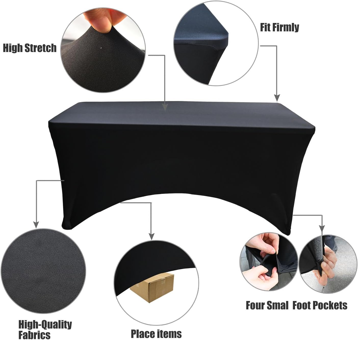 4 Pack - Elegant Black Stretch Spandex Table Cover (48Lx24Wx30H Inches), Non-Iron Fitted Tablecloth for 4-Foot Rectangular Folding Tables -Ideal for Banquets, Weddings & Festivals