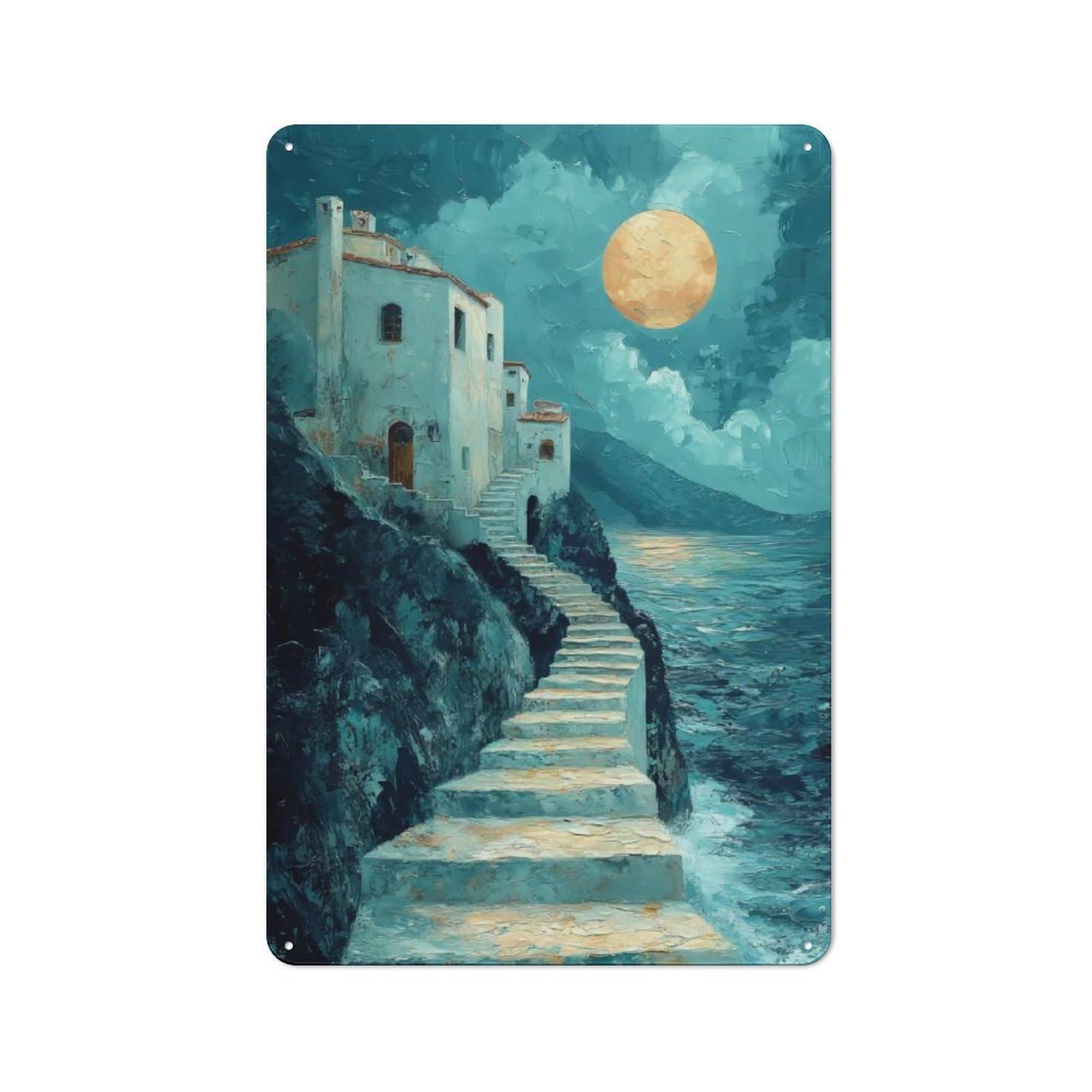 Junmoney Style-19 Moonlit Coastal Village Printed Metal Sign 30X20cm For Man Cave Or Games Room, Suited To Games Room Collectors