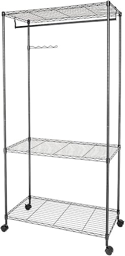 Miniatura 3 de Polyial Weave 3 niveles de gran tamaño ajustable resistente estante de ropa con estantes dobles para ropa y ruedas con bloqueo+1 par de ganchos