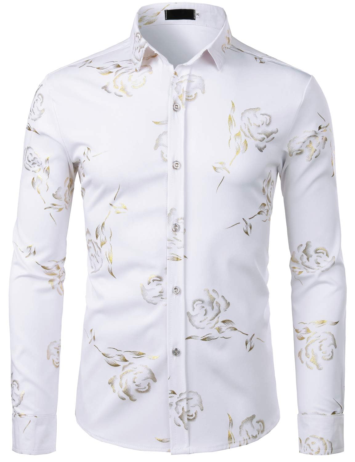 SASSAFRAS Mens Hipster Gold Rose Printed Slim Fit Long Sleeve Dress Shirts/Prom Performing Shirts in gold