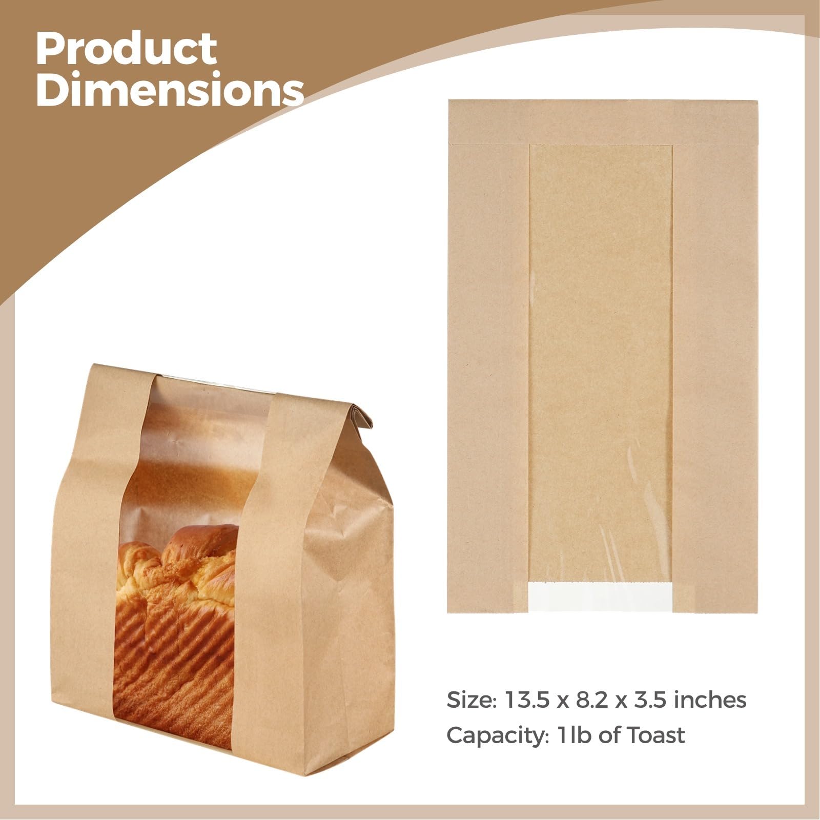 100 Kraftpapier-Brottüten, Brottaschen für selbst gebackenes Brot, Sauerteigbeutel mit Sichtfenster, Brotaufbewahrung und Lebensmittelverpackung mit Etikett-Aufklebern, 34,5 x 21 x 8,9 cm