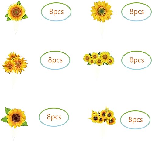Miniatura 3 de 48 piezas de adornos de girasol para cupcakes de girasol, suministros de decoración de fiesta de cumpleaños