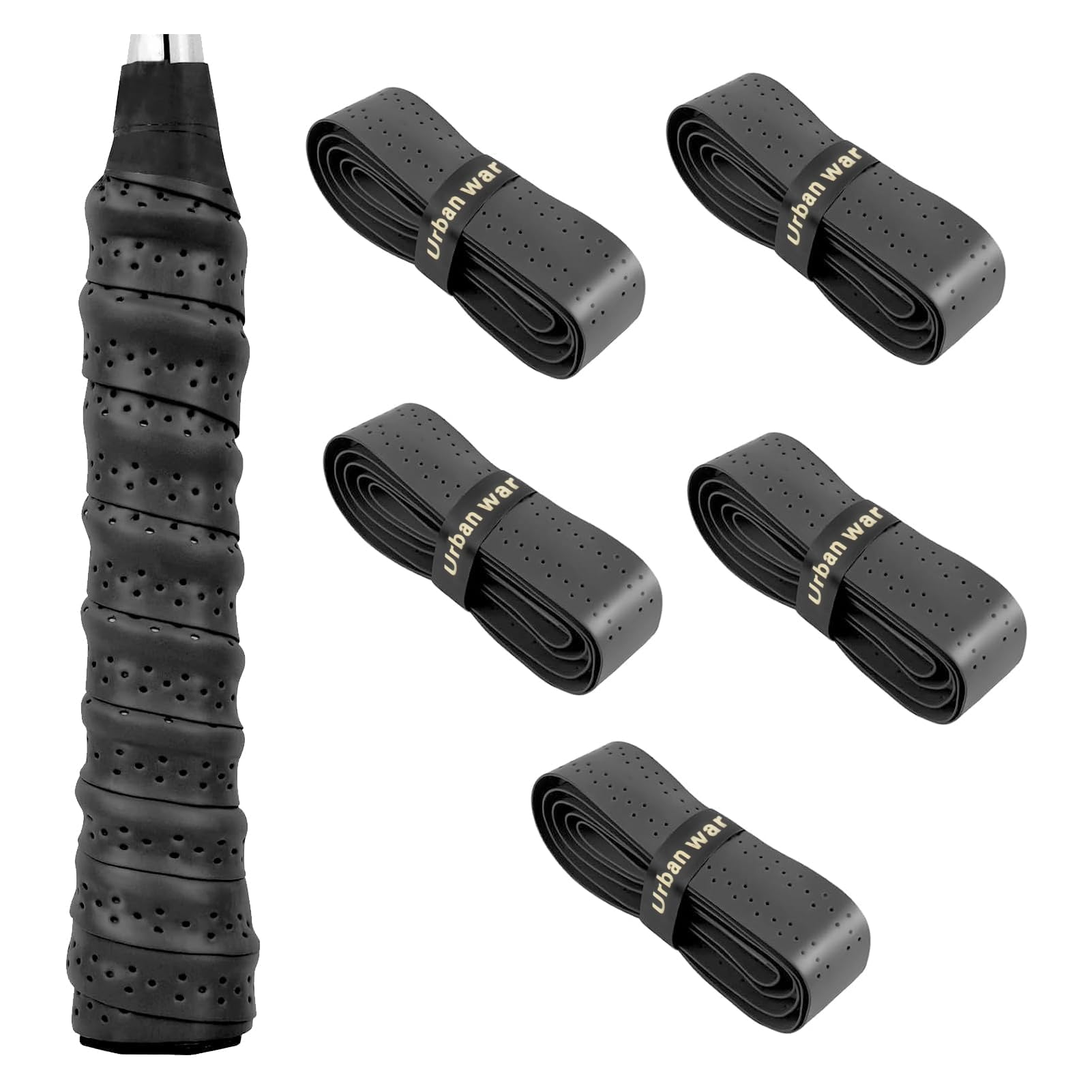 Overgrips Antideslizantes para Raquetas, Negros Perforados, Absorción Sudor, 5 Unidades