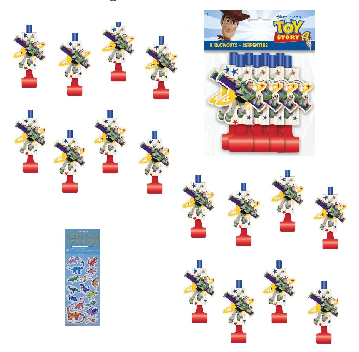 Toy Story Birthday Party Supplies Bundle includes 16 Party Blowouts and 1 Dinosaur Sticker Sheet