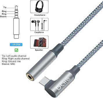 DCHAV USB Audio Converter Adapter Cable, L-Shaped USB C Earphone Jack, Headphone Jack Converter, Type-C 3.5mm, Stereo Mini Terminal, TRRS/4 Poles, USB Converter, Nylon Braid, DAC Chip, Supports
