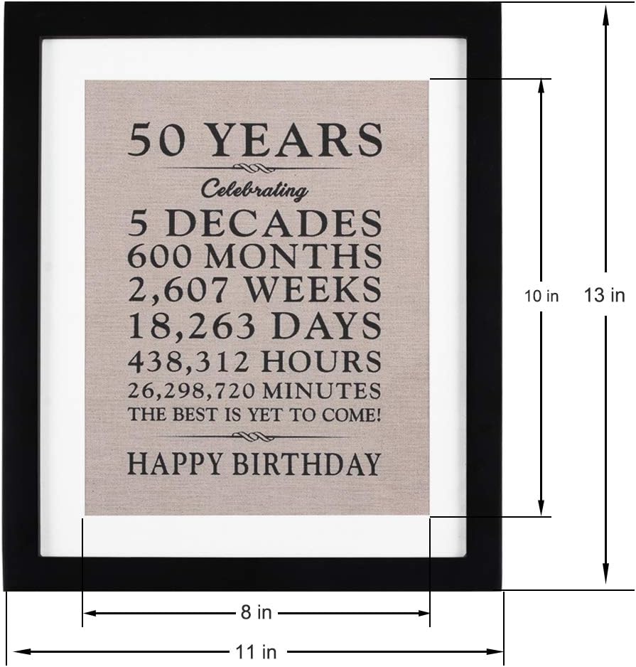 50th Burlap Print with Frames 11" W X 13" H, 50th birthday gifts for women, Best 50 year old birthday gifts for men, Perfect 50th Birthday Gift Ideas