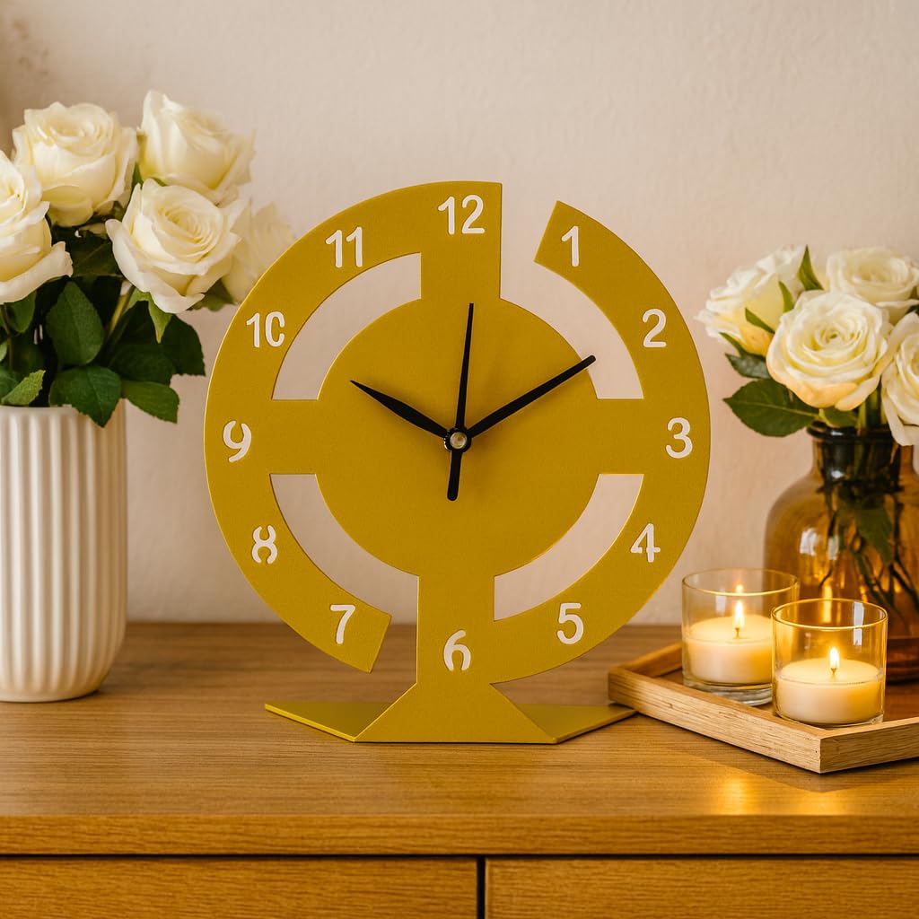 Ingo creation Designer Metal Table Clock with Sweep and Silent Movement Machine Unique Design for Office/Home/Table || Golden Color Matte Finish (20cm X 18cm) 1