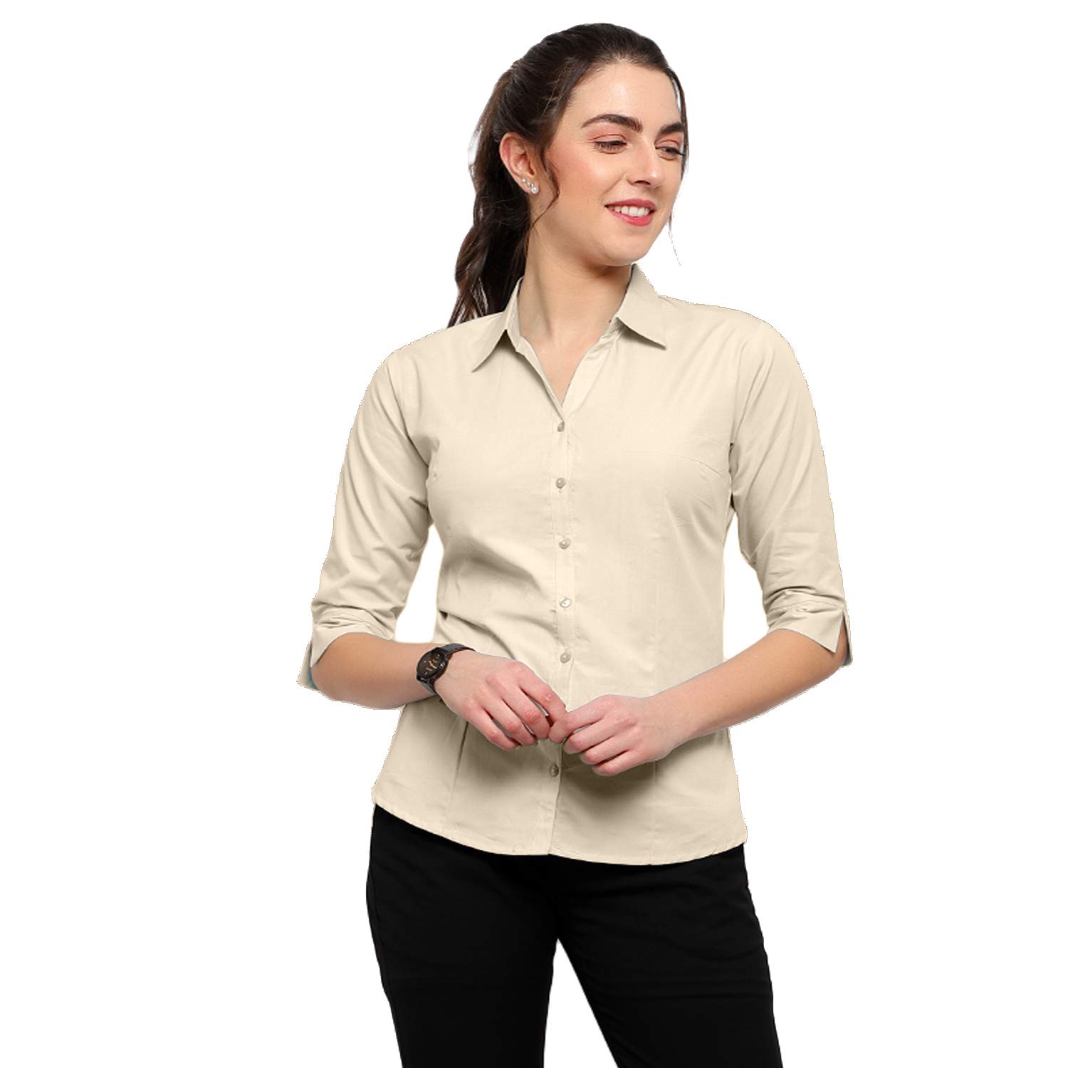 blue ronin Blue RoninWomen 3/4 Sleeve Stylish Western Official Formal Shirts for Women Regular fit Shirts for Women (Beige)-picture-55