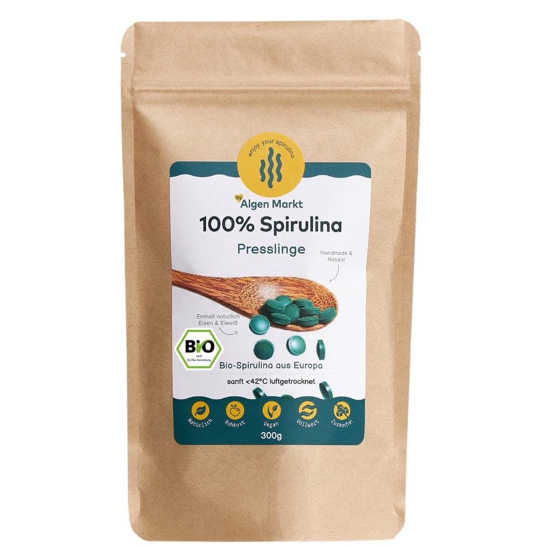 Bio Spirulina Presslinge in vioIetteglas | Ökologische Vitalstoffe Rohkost, glutenfrei, vegane Ernährung voller Nährstoffe, Reines Naturprodukt aus deutschem Anbau, ohne Zusätze (300g)