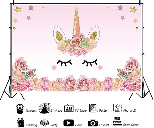 Miniatura 2 de Laeacco Fondo de fotografía de unicornio de 6 x 4 pies, fondo de unicornio floral rosa, decoración de fiesta de cumpleaños de bebé, cabina de fotos,