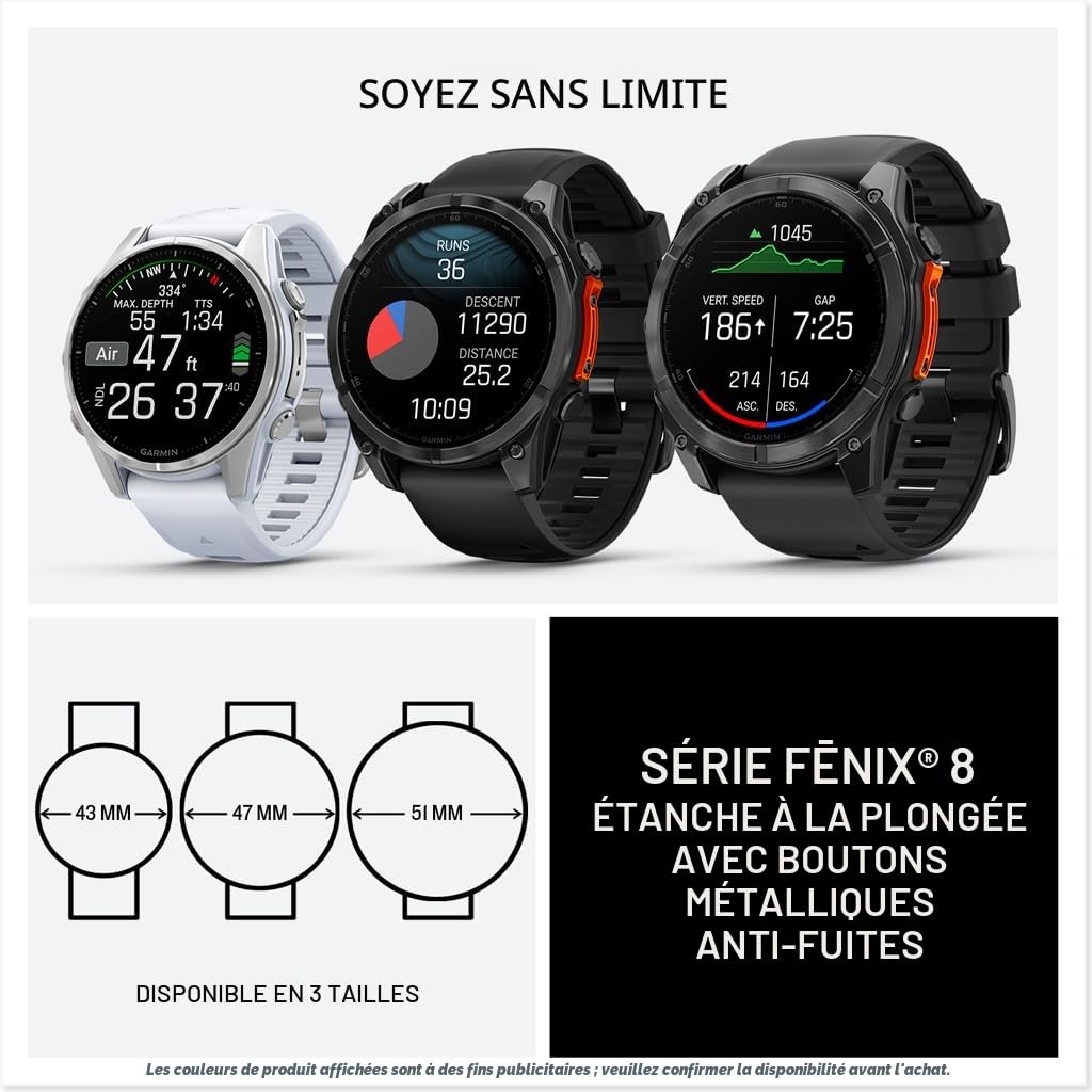 Garmin fēnix® AMOLED Montre Intelligente GPS Multisports Haut de Gamme 8-43 mm, Batterie Longue durée, Lampe de Poche LED intégrée, Couleur Saphir, Or Doux avec Bracelet en grès foncé | Lentille saphir, or doux avec bracelet en grès foncé, 10 ATM, lampe d