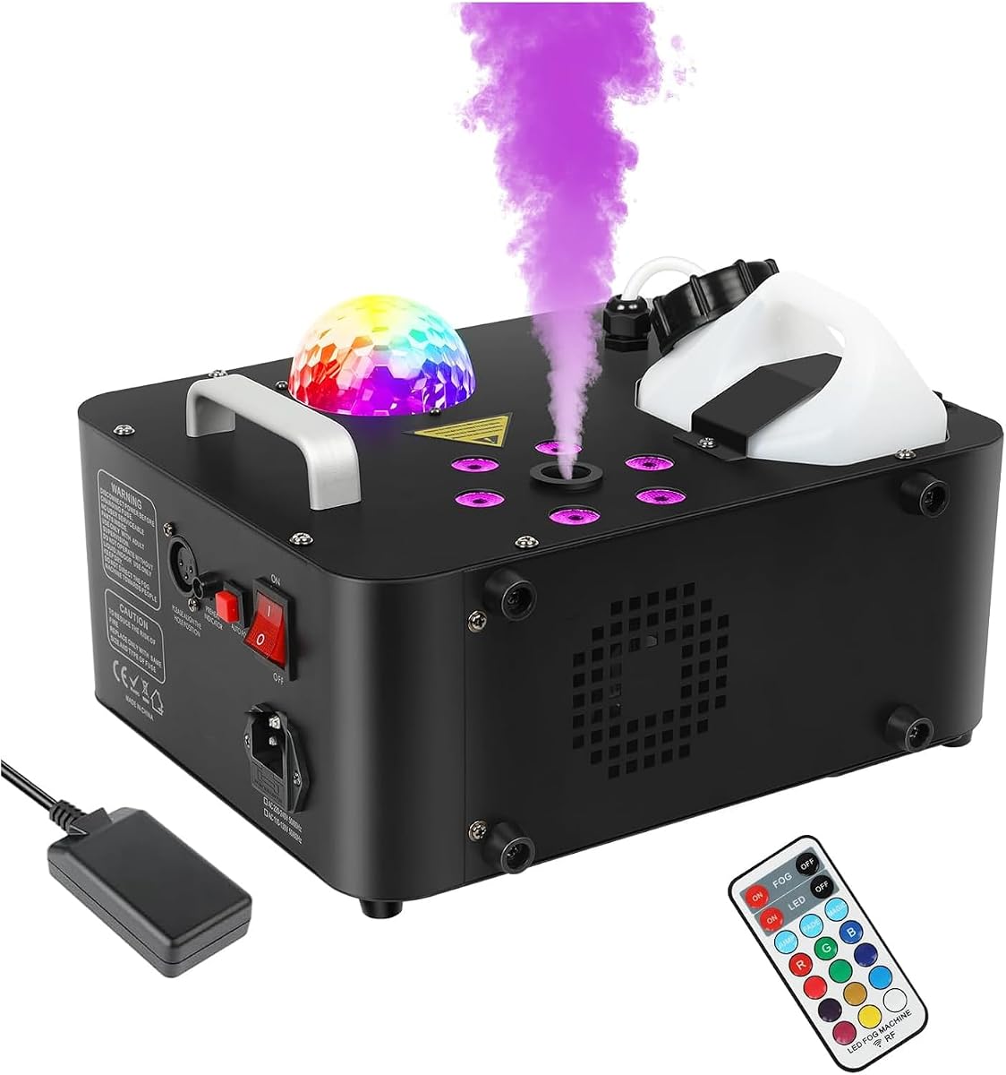 Máquina de humo, máquina de humo para DJ de 1000 W con bola de discoteca y 6 luces LED RGB que producen humo de 30000 CFM vertical u horizontalmente mediante control remoto para iluminación de espectáculos de escenarios de bodas y fiestas de DJ