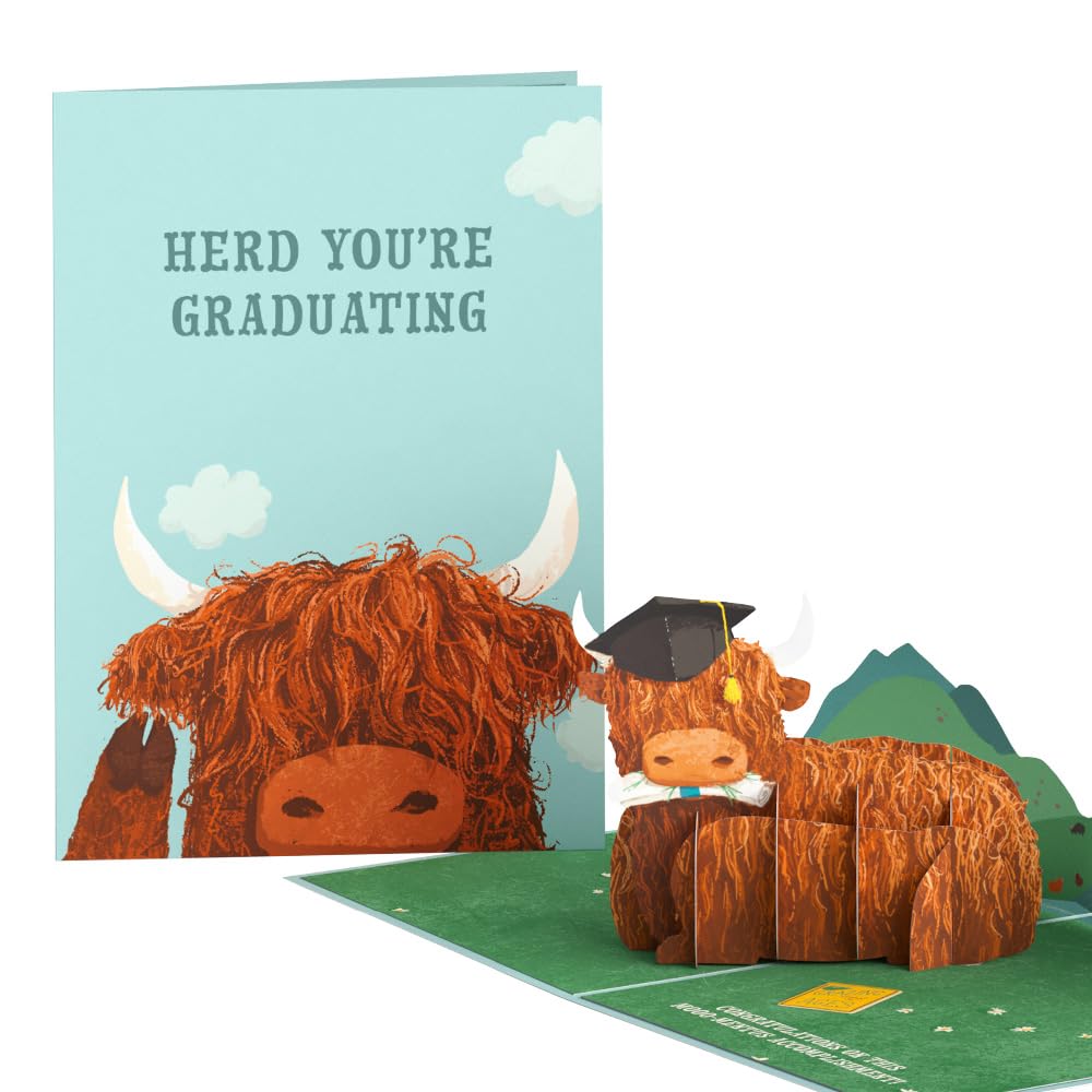 Lovepop Graduation Pop-Up Card for Her and Him - 3D Greeting Cards for Boys, Girls, Men, Women - Heard You're Graduating - 5" x 7 Highland Cow Card -