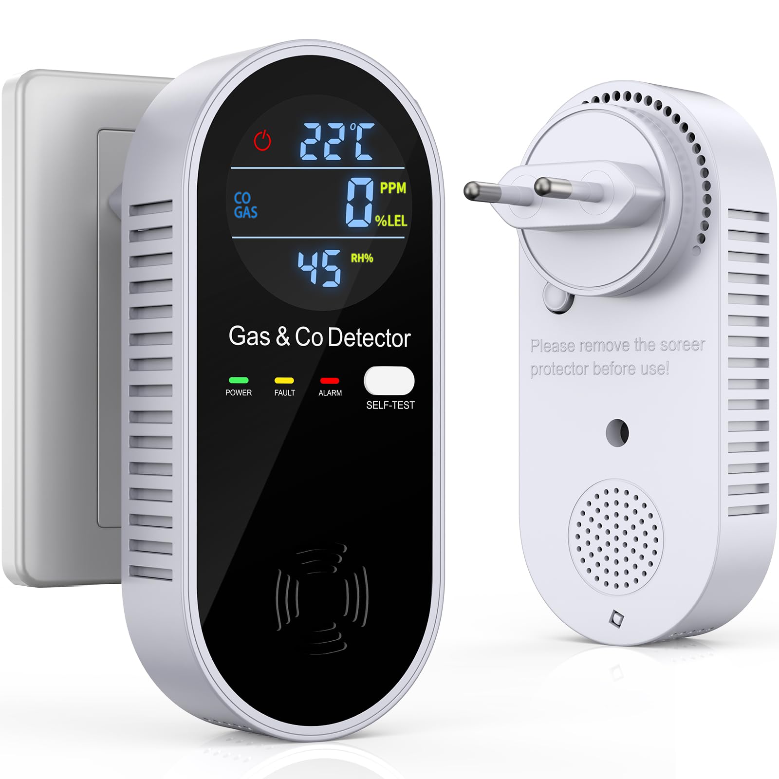 Kohlenmonoxid Melder & Gasmelder 4-in-1 – Plug-and-Play ohne Wandbeschädigung, akustischer & visueller Alarm – Für Zuhause, Garage, Werkstatt, Baustelle – CO Melder tragbar – YEREADW