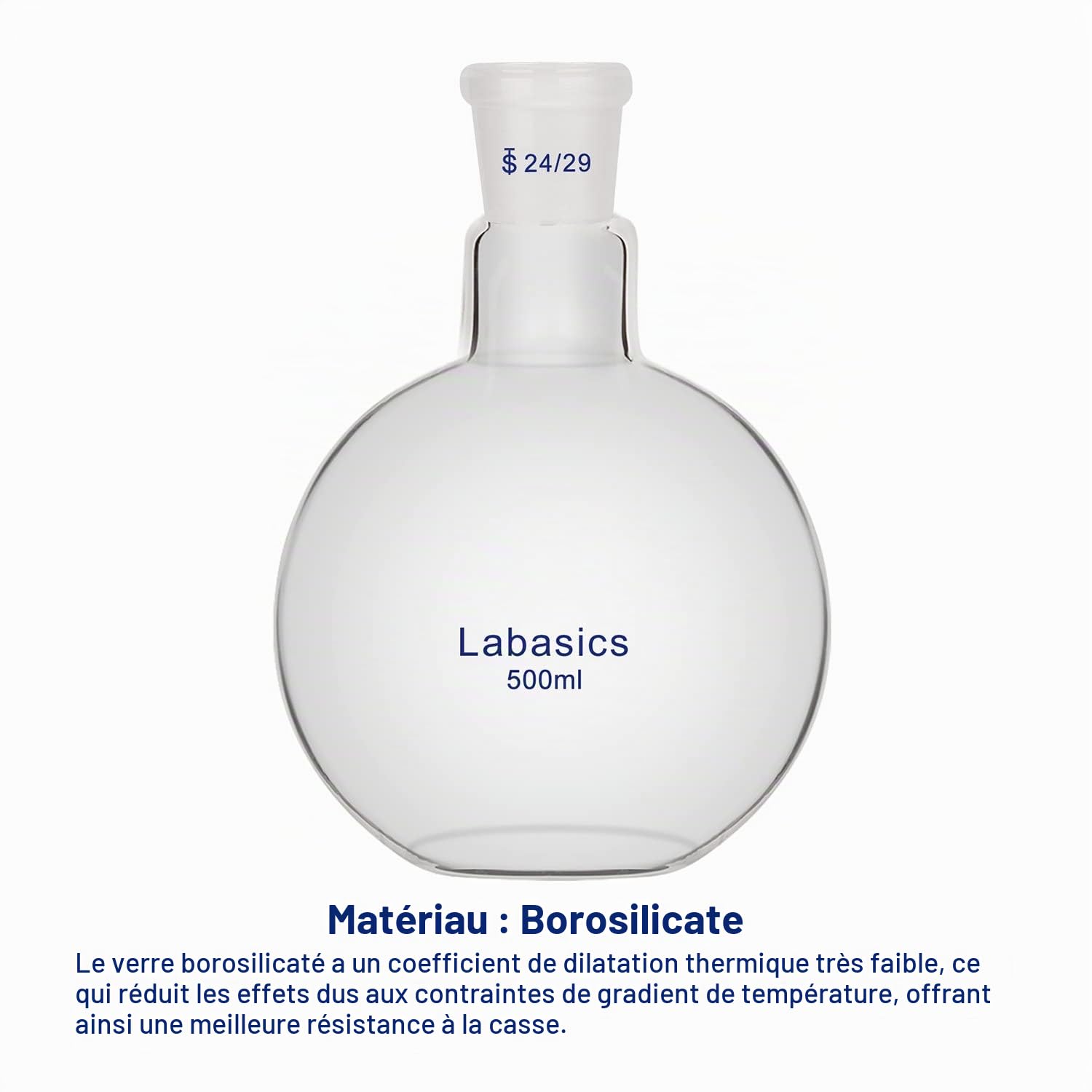 Labasics Fiole Bouillante à Fond Plat à Col Unique, Fiole Bouillante à Fond Plat en Verre Borosilicaté avec 24/29 Joint Standard, 500 ml