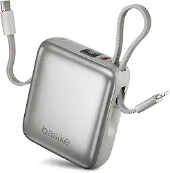 Basike Carregador Portátil 10000mAh, Mini Power Bank com Cabos Integrados, Carregamento Rápido 22.5W(MAX), Pequeno, Led Indicador de Bateria para iPhone/Samsung/Huawei/Xiaomi, etc (Prata)