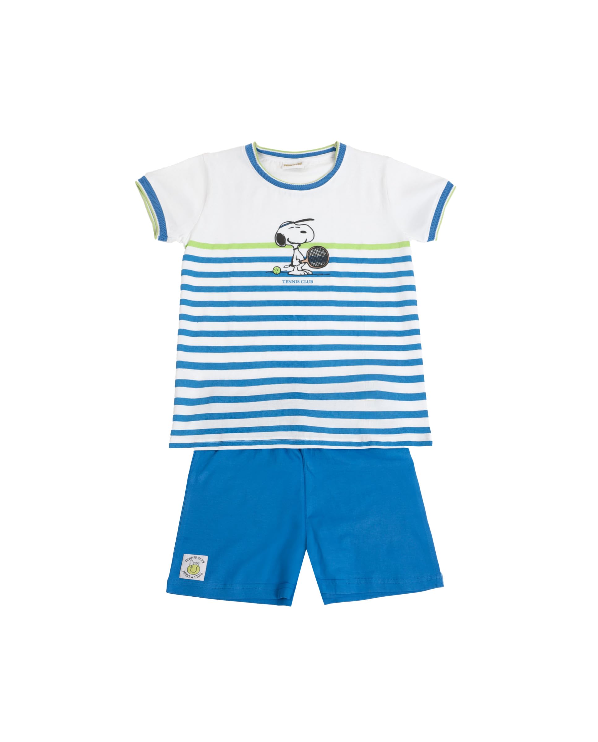PEANUTS Pijama niño Verano 100% algodón - Pijama Manga Corta Tennis Club para niño – pantalón Corto con Cinturilla elástica – Tejido Suave al Tacto, Azul - Talla 8 años