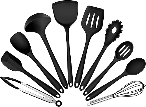 Miniatura 1 de Leonyo Juego de 10 utensilios de cocina de silicona, juego de utensilios de cocina negros para cocinar, herramientas de cocina de silicona