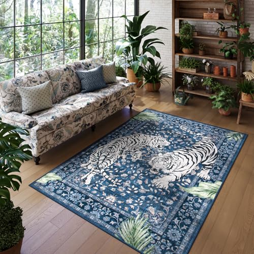 Moynesa Tiger Washable Area Rugs for Living Room, 5x7 Vintage Soft Rug for Bedroom, Non Slip Boho Botanical Ultra Thin Large Stain Resistant Throw Rug for Dining Guest Room, Blue