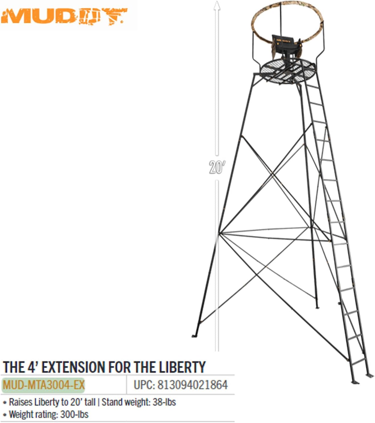 Muddy 4-Foot Extension for Liberty - Durable Steel Reliable Easy-to-Install Addition for Outdoor Hunting Tripod Stand, 300 Pound Maximum Capacity