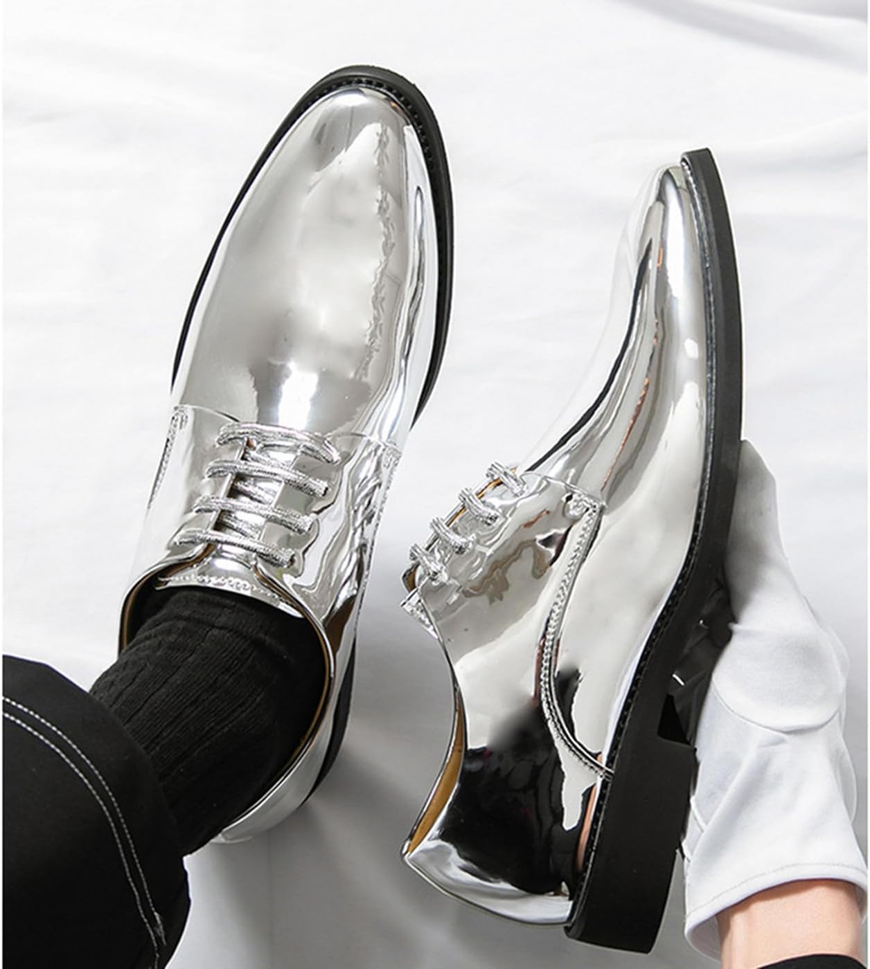 Santimon Men's Metallic Dress Shoes Lace Up - High Gloss Mirror Finish Oxford Shoes for Wedding, Party, Stage Performance & Formal Events