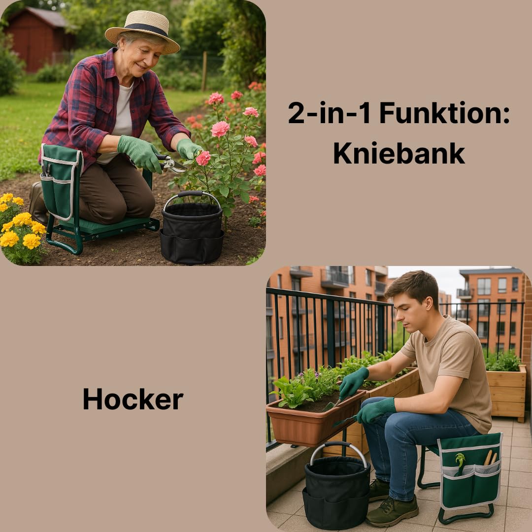 2 in 1 Kniebank für Gartenarbeit mit Eva-Schaumpolster, klappbar, inkl. 2 Werkzeugtaschen, 6-teiligem Werkzeugset und faltbarem Garteneimer, belastbar bis 150 kg