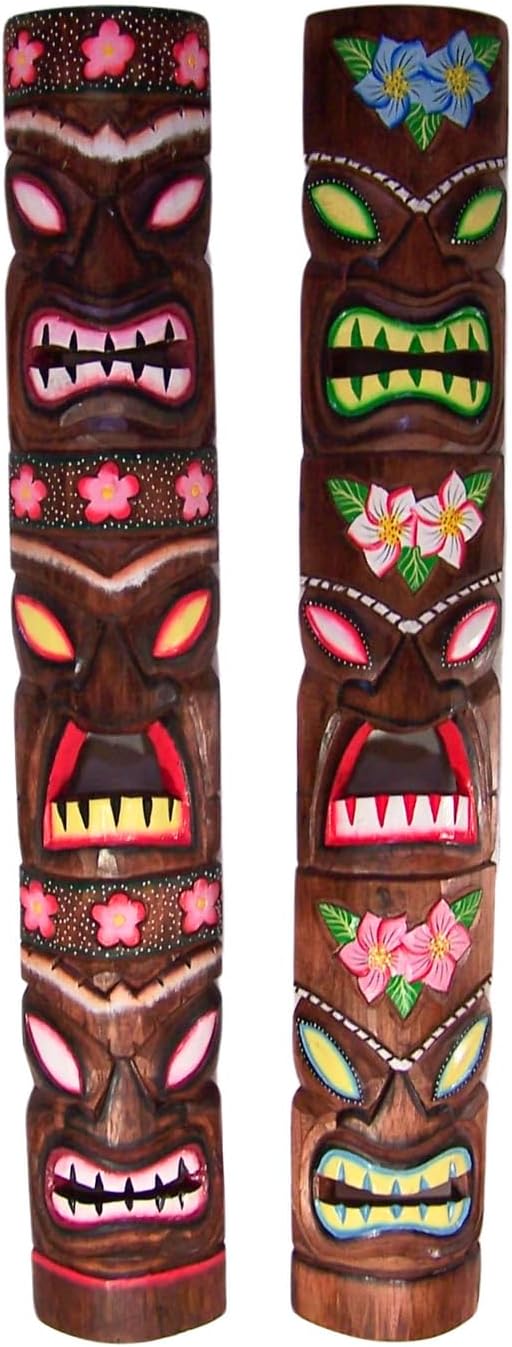 Wowser Artisanal Hawaiin Style Tiki Masks, Set of 2, Assorted Designs, Unique Tiki Bar Accessory, 39 Inches