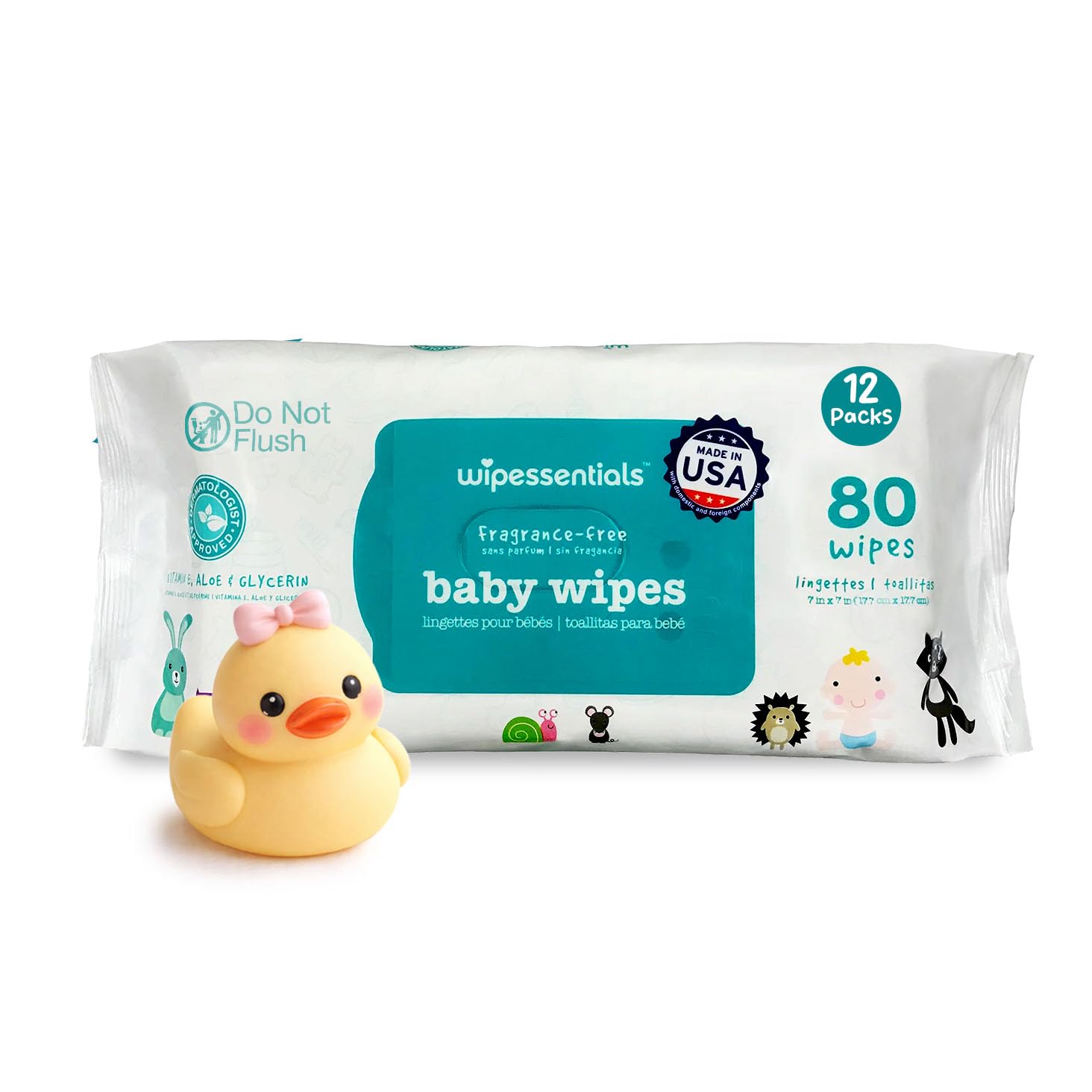 WipeEssentials Baby Wipes, Unscented Hypoallergenic Wet Wipes for Sensitive Skin, Alcohol Free Baby Essentials Wipes, Water-Based Wipes 12-Pack (80 Wipes Each)