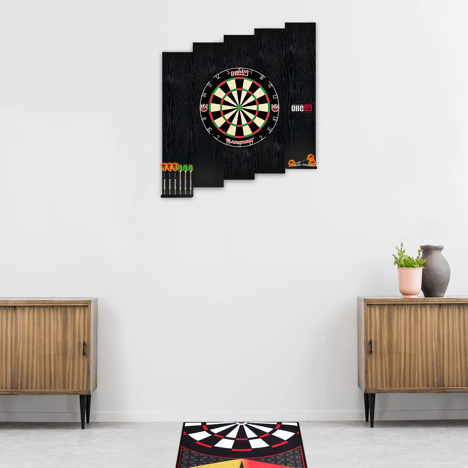 ONE80 Knock-down Dartboard Backboard for A Large Area of Wall Protection Free Combination for Various Set-up Options Wooden Backboard with Black Veins Mounting Kits and Instructions Included Dartboard