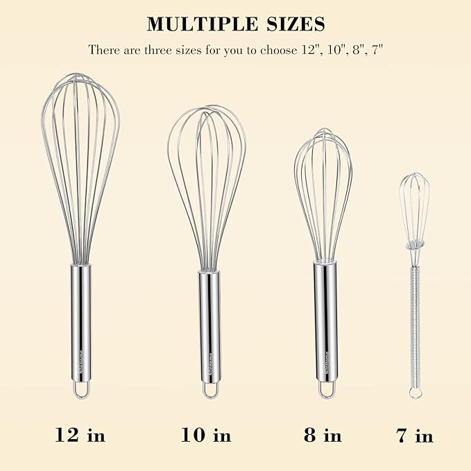 NileHome Whisk, Stainless Steel Wisk Set 8" 10" Kitchen Whisk Wisking Tool Kitchen Wisk Wire Whisks for Cooking, Whisking, Blending, Beating, Stirring-…