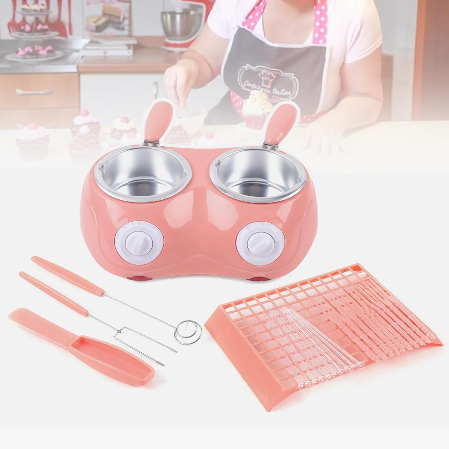 Household Electric Chocolate Melting Pot, Double Pot Design, Adjustable 45-70°C, Non-stick, Easy to Clean, Melts Butter, Cheese, Sugar and Wax Quickly,Pink