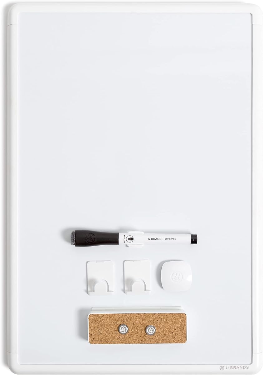 U Brands Contempo Magnetic Dry Erase Board White Board Kit, 11” x 16”, White Modern Frame, Includes Board, Marker, Magnets, and More