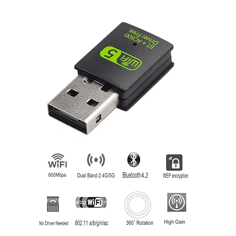 REDLUX USB WiFi Bluetooth Adapter, 600Mbps Dual Band 2.4/5GHz Wireless Network Card, USB WiFi Dongle for PC/Laptop/Desktop, Support Windows 7/8.1/10
