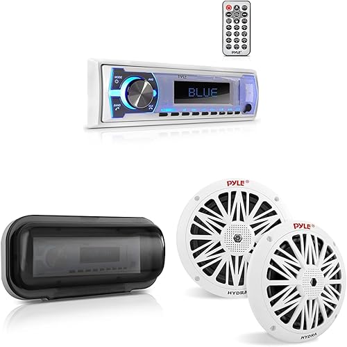 Pyle Radio estéreo Bluetooth marina  12 V estilo DIN único barco en tablero sistema receptor de radio y cubierta estéreo marina resistente al agua,