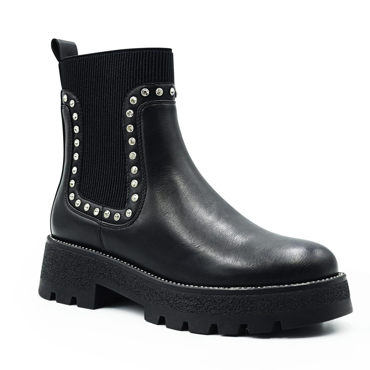 Womens Platform Combat Boots Black Leather Studded Chelsea Style with Ribbed Elastic Chunky Lug Sole Round Toe