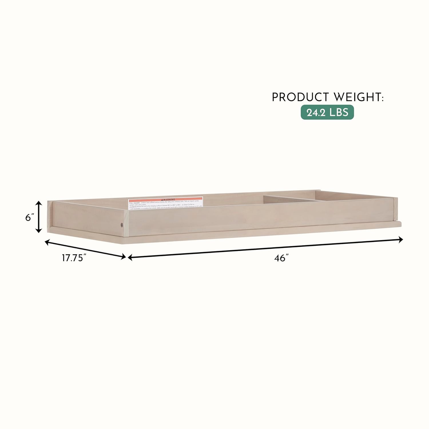 Diagram showing the dimensions of the Evolur Modern Changing Tray: 46 inches length, 17.75 inches width, 6 inches height, and product weight of 24.2 lbs.