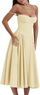 ZPLxi Womens Corset Dress Elegant Spaghetti Strap Bustier Midi Dress Flowy Pleated Hem Low Cut Prom Dresses Going Out A-Li...
