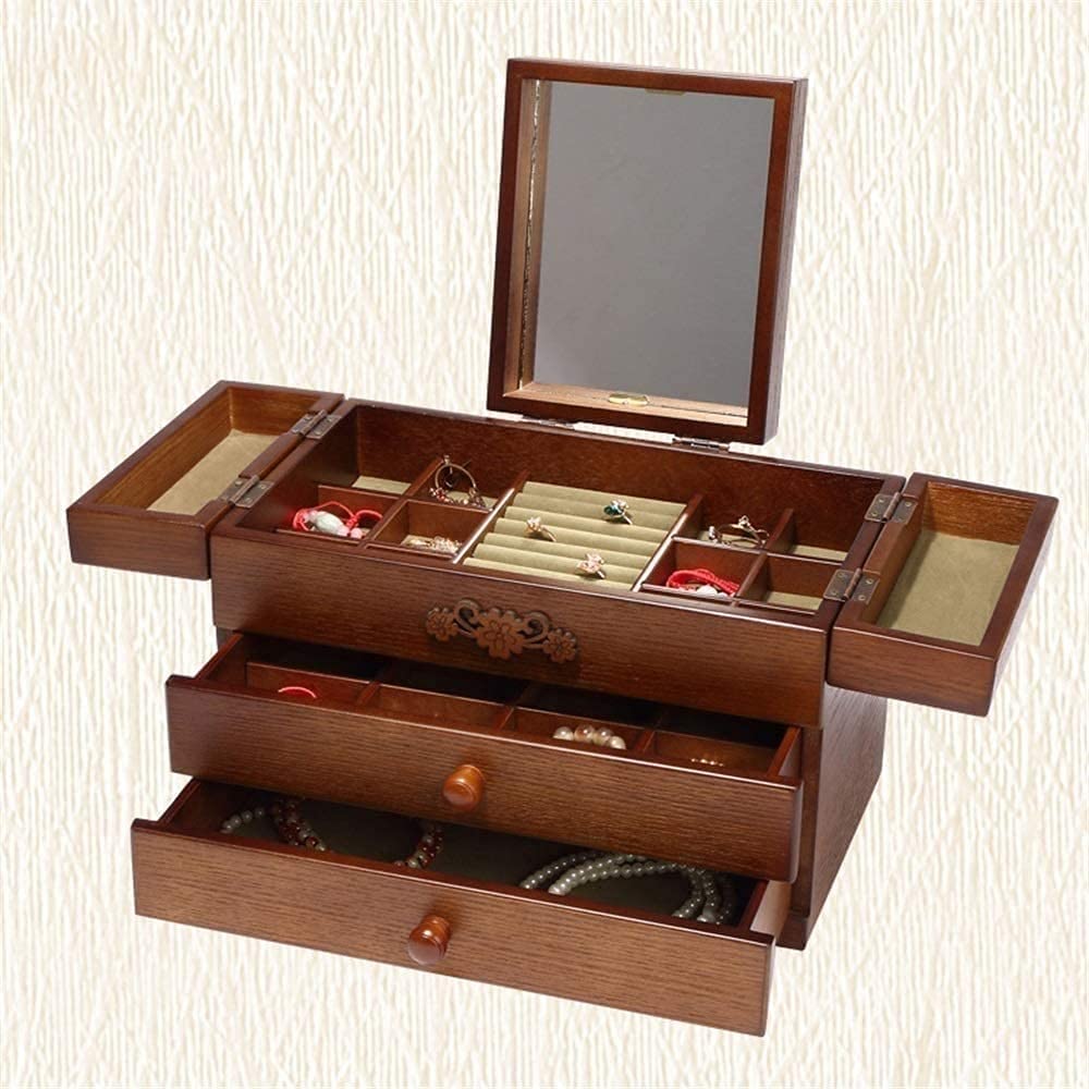 Scatola di Gioielli in Legno da Donna, Specchio Incorporato, Bellissimi Fiori scolpiti in Cima, Migliore Regalo di Natale e Compleanno per Le Donne e Le Ragazze