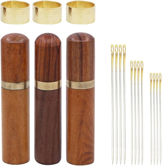 3 Pcs Wooden Needle Holder Storage Case with 36 Pcs Self-Threading Sewing Needles Gold Tail and 3 Pieces Copper Thimblest Ring,Sewing Needles Set for Stitching Embroidery DIY Sewing Craft
