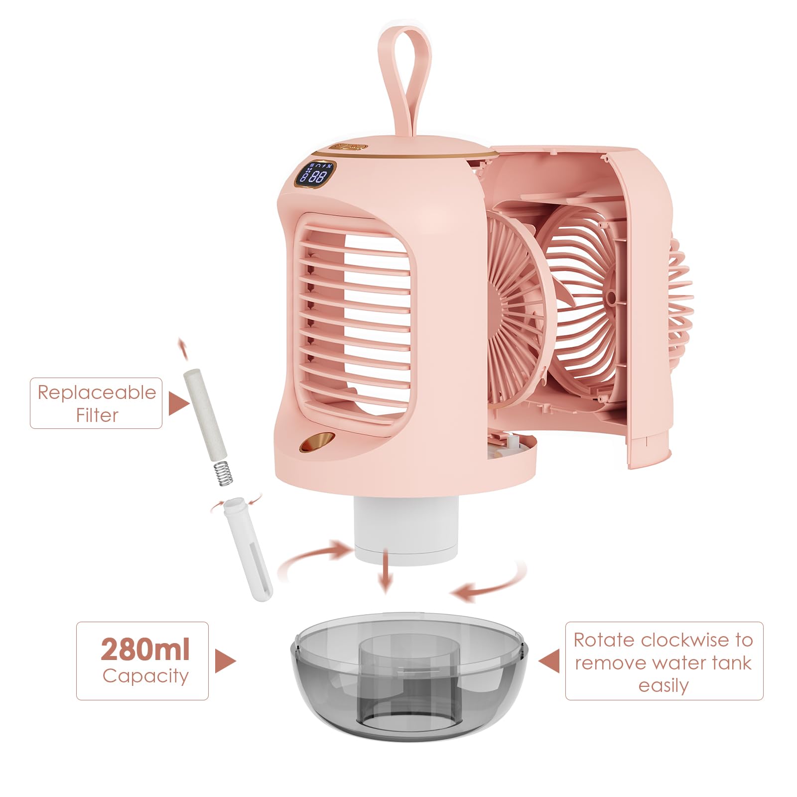 Obrotowy przenośny klimatyzator, mini wielofunkcyjny klimatyzator USB, z 3 prędkościami, lampka nocna, oscylacja 180°, przenośna, osobista chłodziarka powietrza do pokoju, biura (Vine 11)