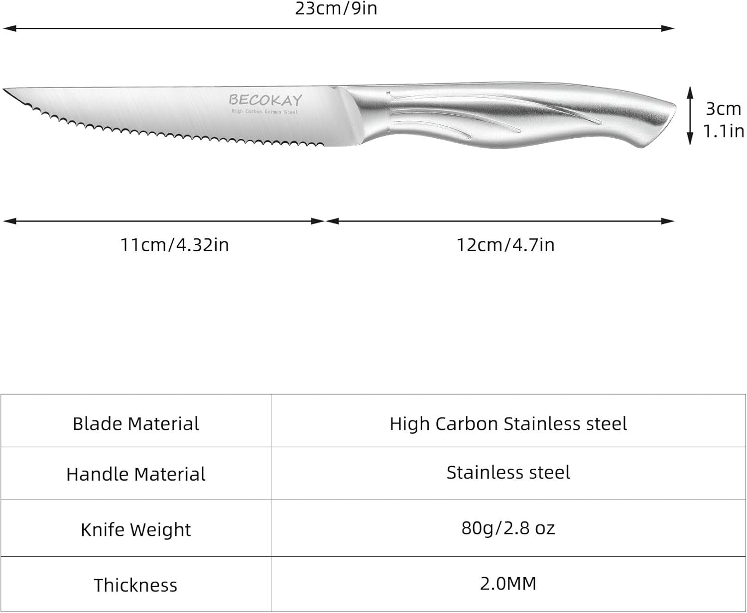 Steak Knives - Steak Knives Set of 12 High Carbon German Steel Serrated Steak Knife - Kitchen Cutlery Set 4.3 Inch Steak Knife Set - Ergonomic Full Tang Hollow Handle (Silver)