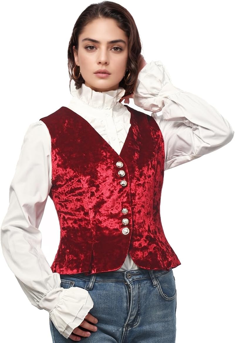Vintage Velvet Vest for Women V-Neck Cropped Sleeveless Dressy Waistcoat Casual Tops - Image 5