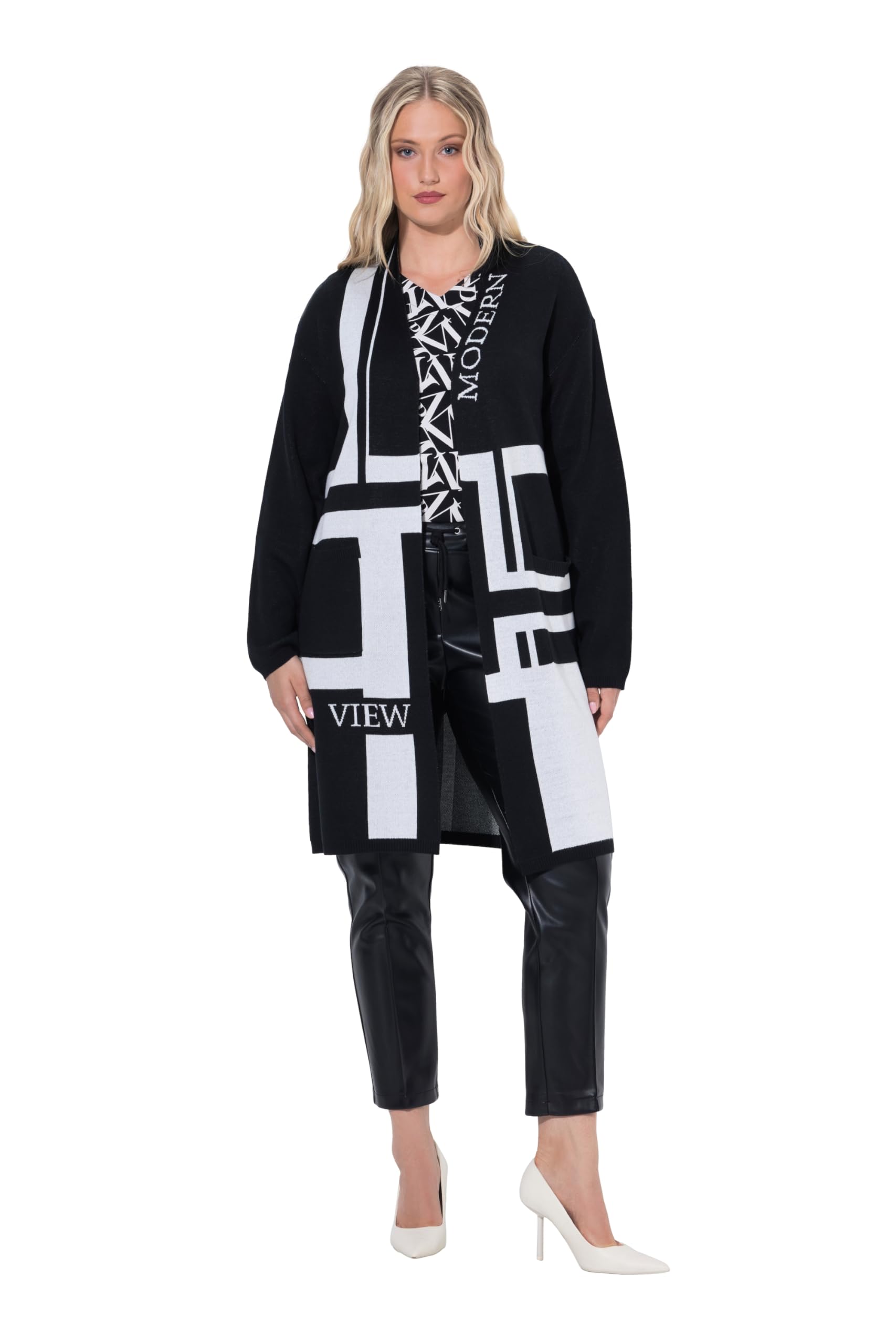 Ulla Popken Damen große Größen Übergrößen Plus Size Long-Strickjacke, Jacquardstrick, V-Ausschnitt, Langarm 843317