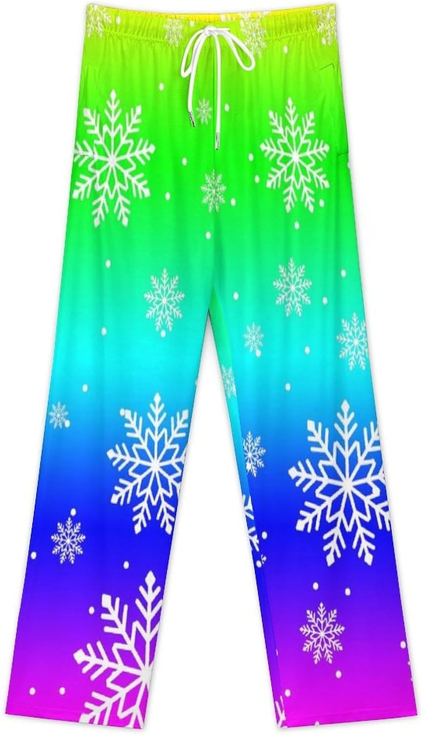 Christmas Rainbow Snowflakes Pajama Pants for Men Soft Warm Sleepwear Lounge Bottoms Pants with Pockets